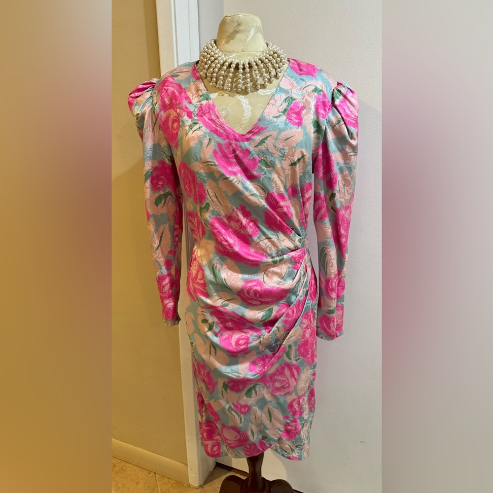 Flora Kung Vtg Silk Roses 80’s Beauty Ruched Waist Tulip Hem Side Zip Dress 8